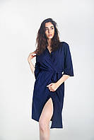 Легкий женский халат для дома шелк сатин 107, Темно-синий, XL
