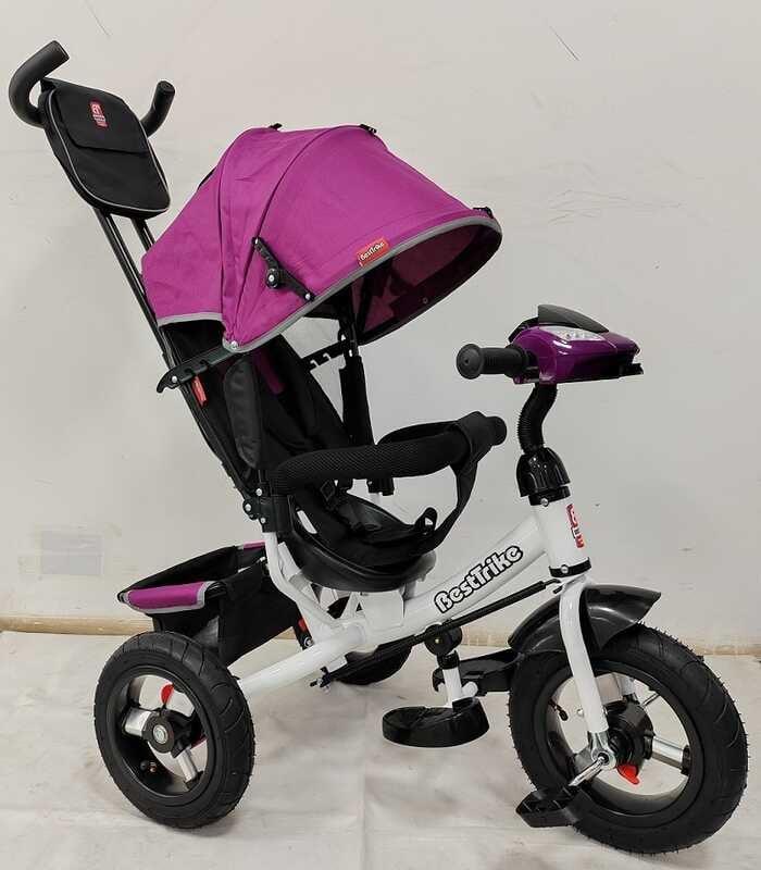 Триколісний велосипед коляска з ручкою Best Trike 3390 / 39-215 Фуксія, надувні колеса, Фара USB, пульт