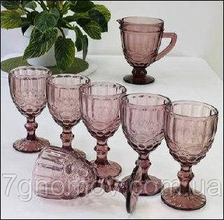 Набір 6 келихів з графіном з товстого рожевого скла Вікторі