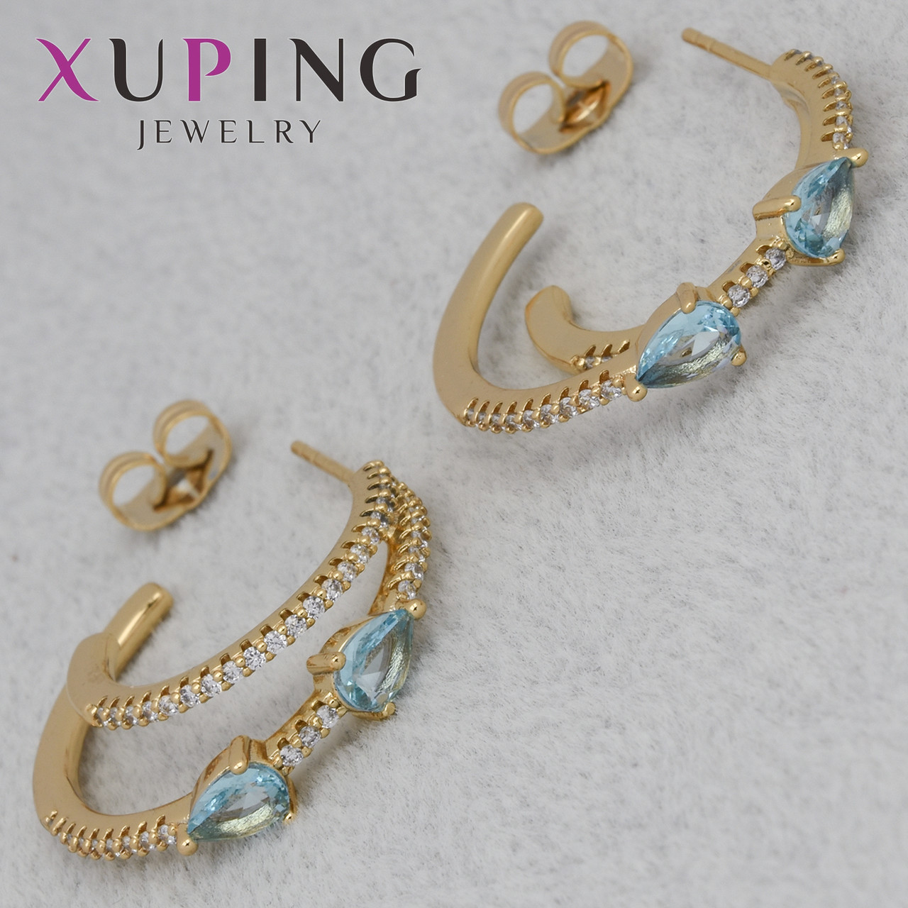 Серьги женские позолота 18К Xuping Jewelry гвоздики пусеты двойное кольцо камень циркон размер изделия 25х5 мм - фото 1 - id-p2099359650
