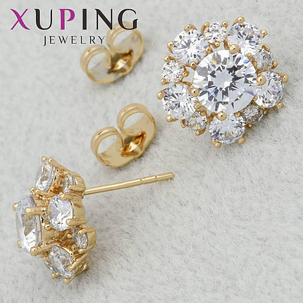 Серьги женские позолота 18К Xuping Jewelry гвоздики пуссеты цветочки камень циркон размер изделия 13х13 мм, фото 1