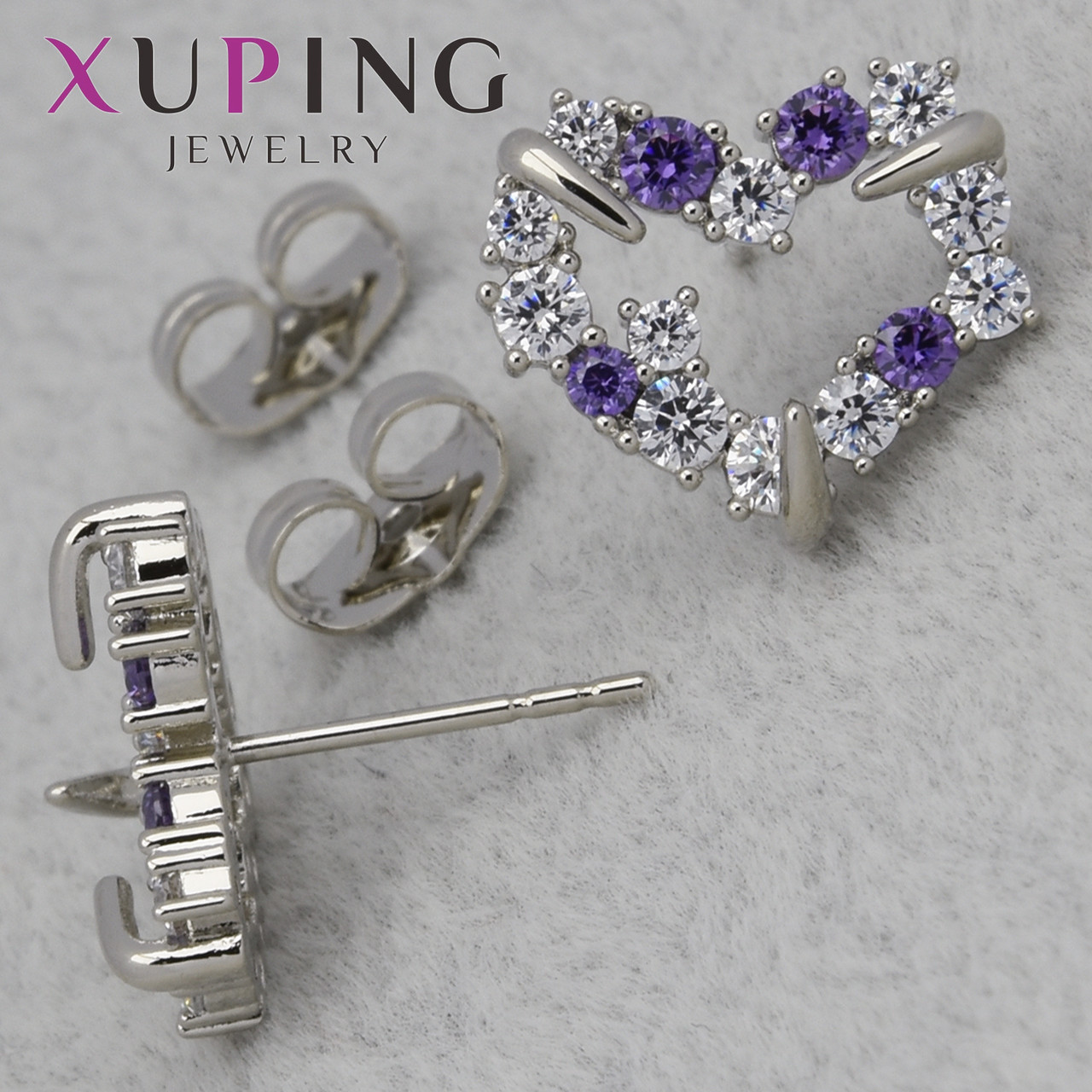 Серьги женские фирма Xuping Jewelry гвоздики пуссеты сердечки камушки циркон размер изделия 15х15 мм