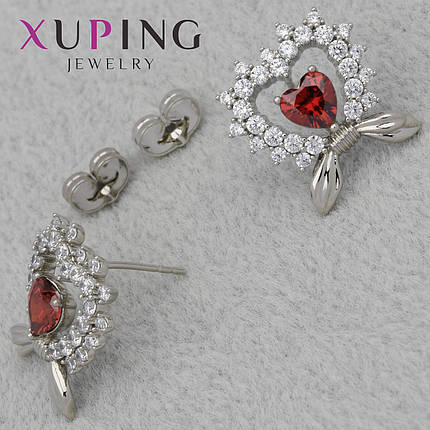 Серьги женские фирма Xuping Jewelry гвоздики пуссеты сердечки камушки циркон размер изделия 18х18 мм, фото 1