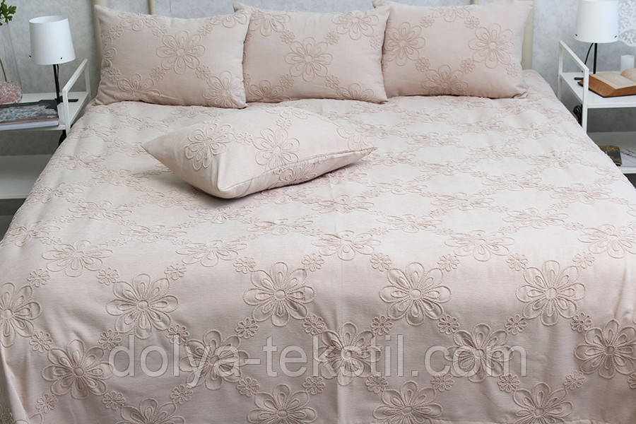 Покривало бавовняне з вишивкою 240х250 ТМ PrimaTeks Mystery beige