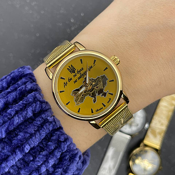 Красивий жіночий годинник механічний золотий Patriot, наручний патріотичний годинник для жінок з Гербом України
