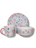 Набір дитячого посуду з кераміки з чашкою 3 предмети малюнок Єдиноріг.