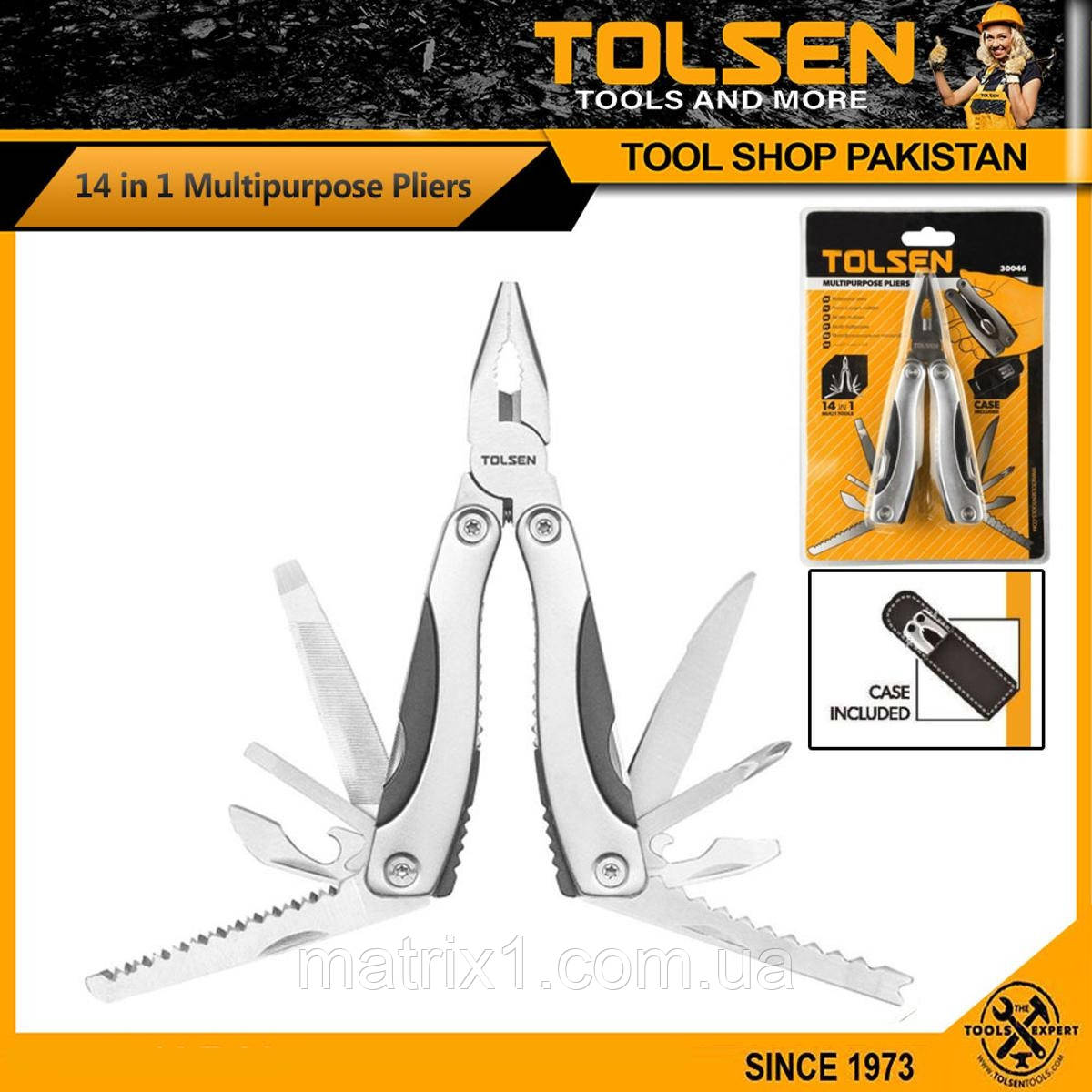 Мультитул — розкладні плоскогубці 102 мм 14 в 1 Tolsen 30046, фото 1