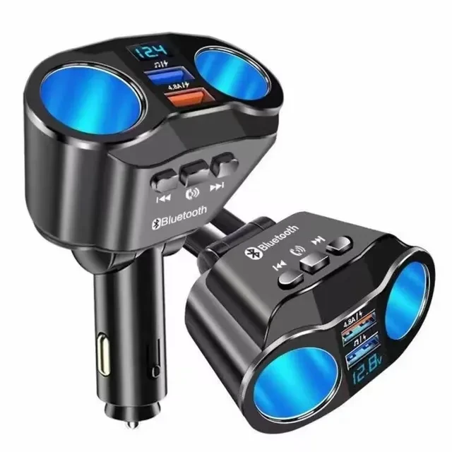 Автомобільний зарядний розгалужувач прикурювача, 12/24 V (на 2 виходи + 2 USB), FM Трансмітер, вольтметр