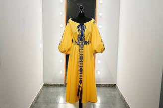 Сукня жіноча з коротким рукавом - реглан, вишивка - авторська гладь, Онікс, колір - жовтий.