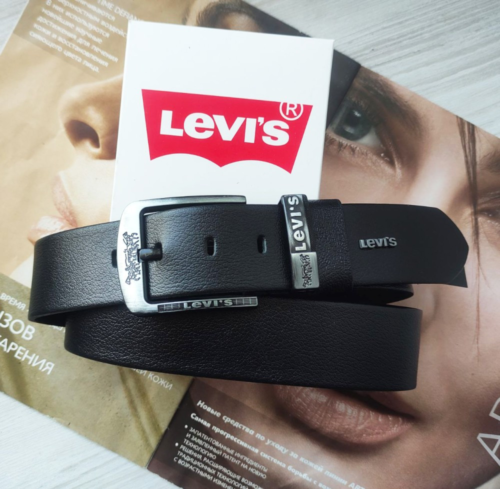 Мужской кожаный ремень для джинсов Levis черный - фото 1 - id-p2099508157