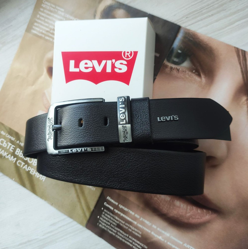 Мужской кожаный ремень для джинсов Levis черный - фото 3 - id-p2099508157