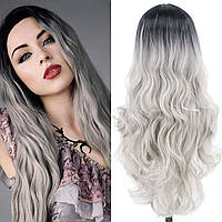 Женский парик 70 см синтетический черно серый градиент волнистые волосы