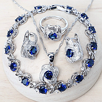 Жіночий комплект ювелірних виробів Aphrodite з синім цирконієм, срібло 925 проби сережки, підвіска, кільце, браслет