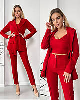 Красный модный стильный женский костюм-тройка (брюки + топ + пиджак) из костюмной ткани