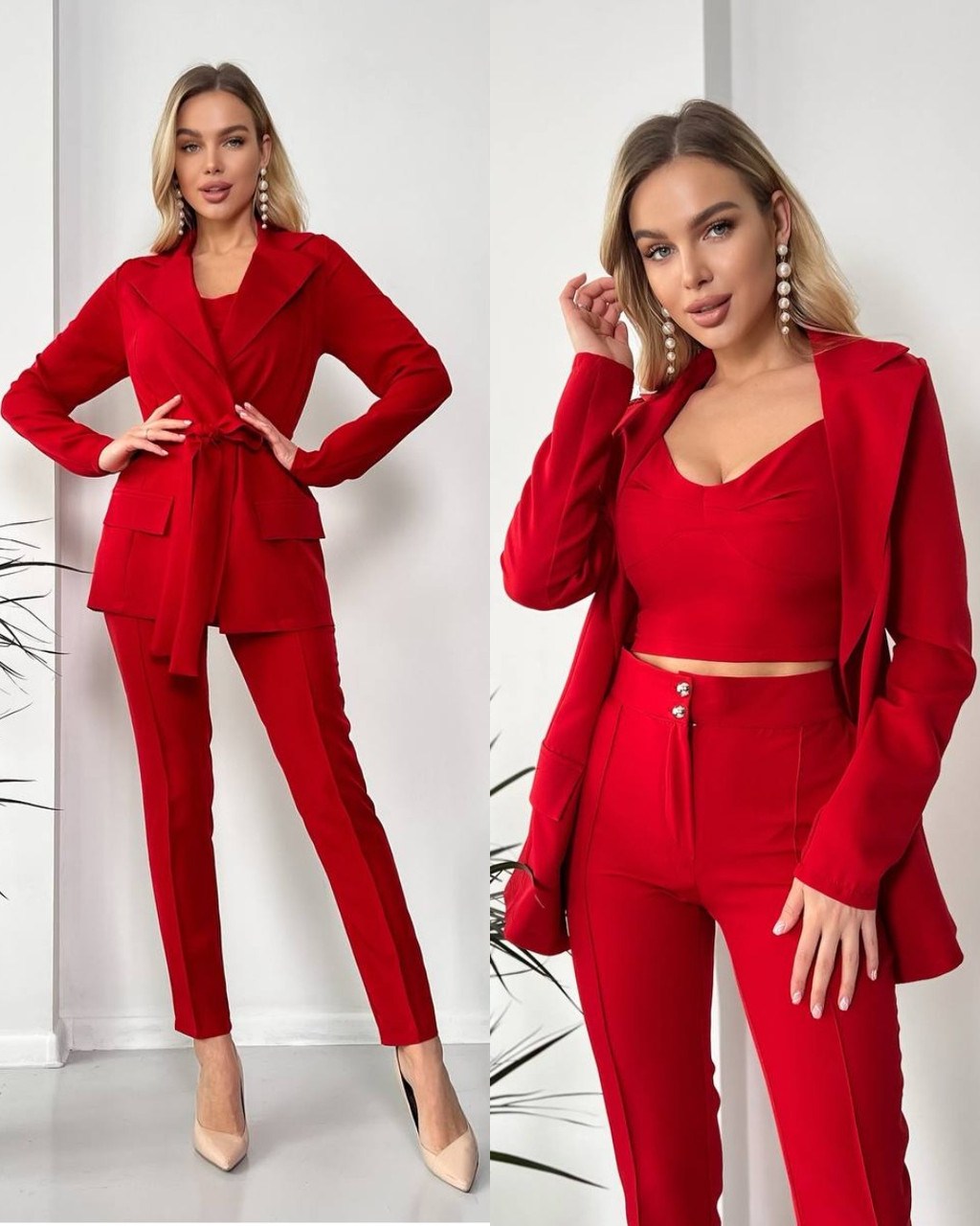 Красный модный стильный женский костюм-тройка (брюки + топ + пиджак) из костюмной ткани - фото 1 - id-p1661390786