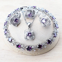 Комплект ювелирных изделий Aphrodite с фиолетовым цирконием, серебро 925 серьги, подвеска, кольцо, браслет