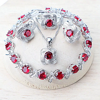 Жіночий комплект ювелірних виробів Aphrodite з червоним цирконієм, срібло 925 проби сережки, підвіска, кільце, браслет