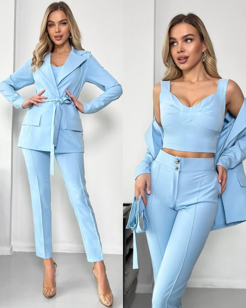 Блакитний модний стильний жіночий костюм-трійка (штани + топ + піджак) з костюмної тканини, фото 1