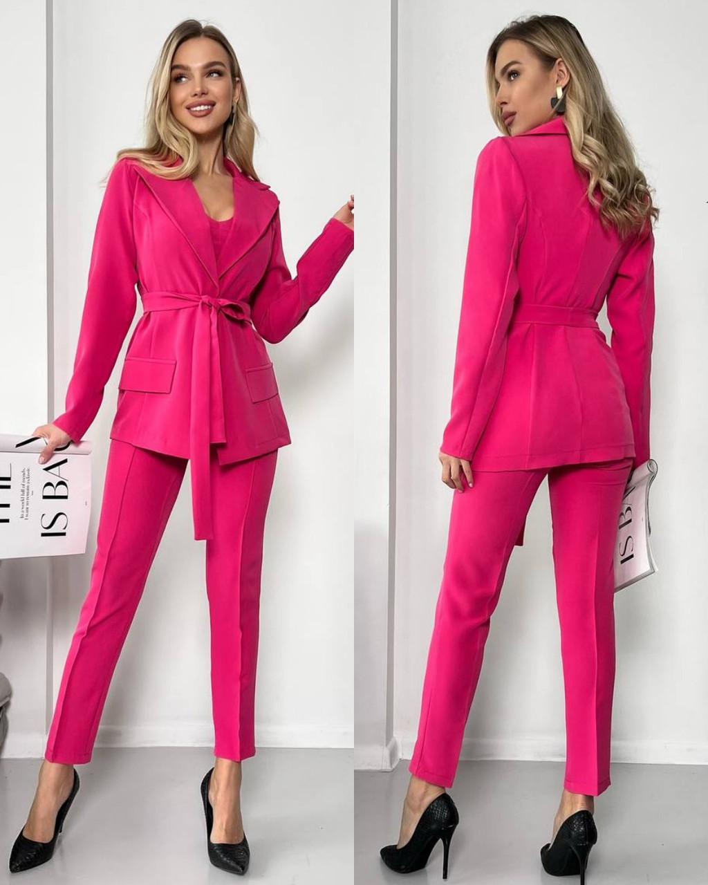 Малиновий модний стильний жіночий костюм-трійка (штани + топ + піджак) з костюмної тканини, фото 1