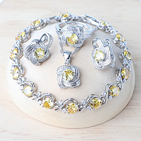 Комплект ювелирных изделий Aphrodite с жёлтым цирконием, серебро 925 пробы серьги, подвеска, кольцо, браслет