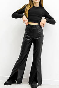 Кльош штани для дівчинки підлітків з розпоркою спереду екошкіра чорні No7270
