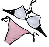 Купальник рожевий з чорним мереживом пуш ап плавки на зав'язках S роздільний жіночий стильний красивий, фото 4