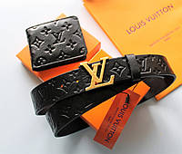 Мужской подарочный набор - ремень и кошелек с тиснением Louis Vuitton black