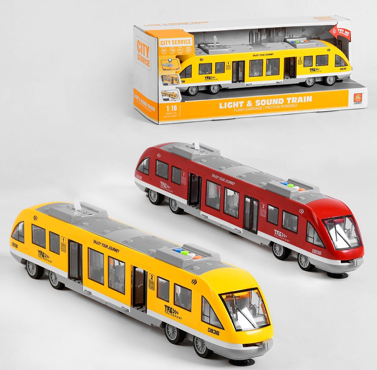 Потяг WY 920 AB "Швидкісний експрес", 2 кольори, підсвічування, звук, відкриваються двері, інерція