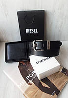 Подарочный кожаный мужской набор Diesel ремень и кошелек black