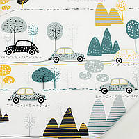 Бязь " Машинки в деревьях и холмах" на белом фоне № М-3203