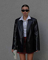 Женский кожаный пиджак оверсайз удлиненный с подплечниками черный классический
