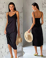 Женское Классическое Шелковое платье-комбинация на бретелях, облегающее по фигуре однотонное Цвет Черный