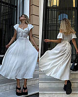 Белое женское изумительное муслиновое платье на шнуровке с короткими рукавами