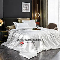 Атласное Белое Семейное постельное белье Moka Textile 175х210см и Дополнительные Золотые наволочки 2 шт