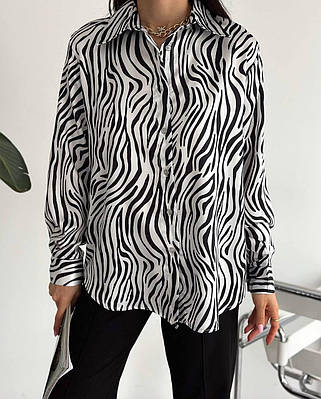Шовкова жіноча зеброва сорочка із зебровим принтом (чорно-біла)