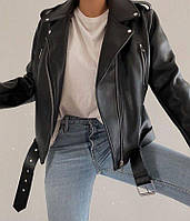 Шкіряна жіноча косуха чорна (42-44, 44-46 розміри) куртка весняна демісезонна на підкладці