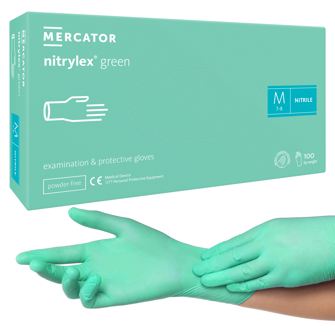 Нитриловые перчатки Mercator Medical Nitrylex GREEN, M (7-8), мятные, 100 шт - фото 1 - id-p1857131665