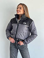 Женская теплая дутая курточка с начесом на весну двухцветная брендовая Графитовый, 42/44