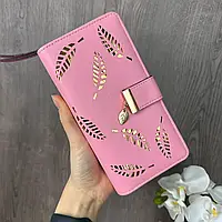 Симпатичний ніжний жіночий гаманець горизонтальний, великий гаманець на кнопці екошкіра рожевий