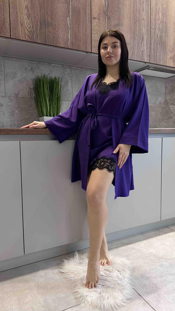 Халат і піжама з мереживом, комплект-трійка жіночий для дому та сну.