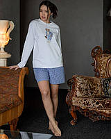 Красивая удобная женская качественная милая пижама Teddy из ткани вискоза хлопок цвет голубой костюм двойка