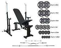Скамья 090 + Стойки со страховочными упорами UM 0150 + 125 кг дисков + 4 грифа RN-Sport. Силовой набор