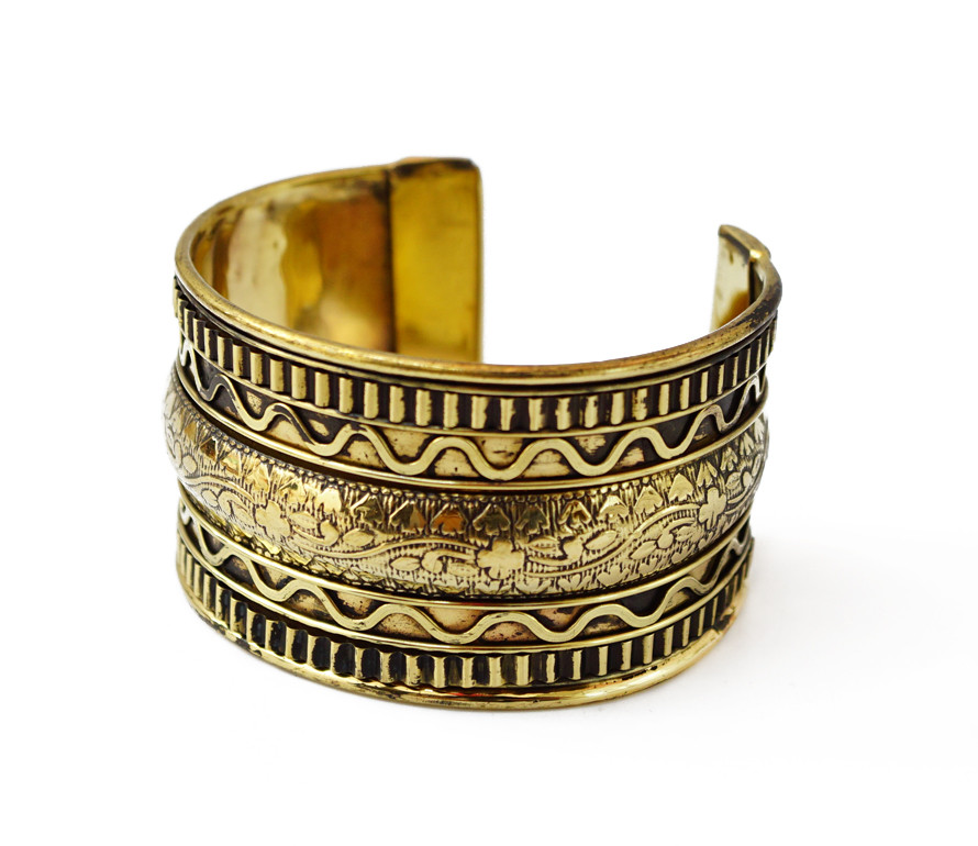 Браслет Скоба зиґзаґ квітковий візерунок жовтий метал