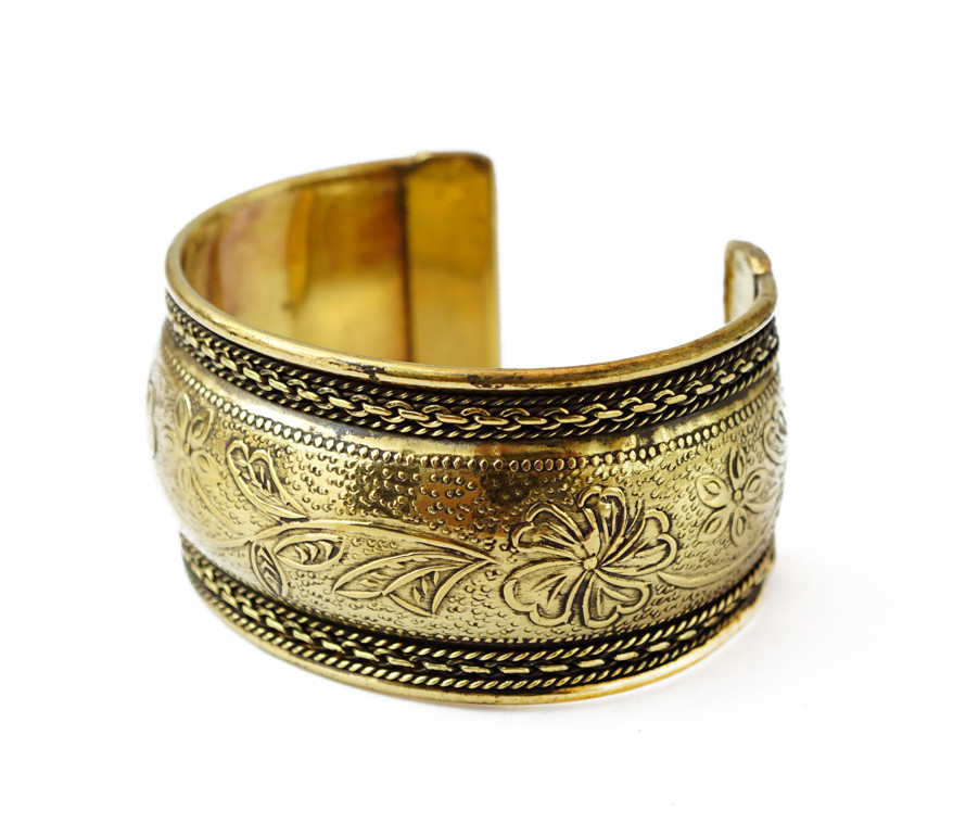 Браслет Скоба дутий квітковий візерунок жовтий метал