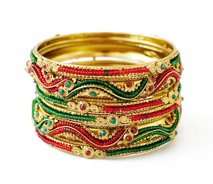 Браслет класичний 6 кілець Бісер Зелений + Червоний