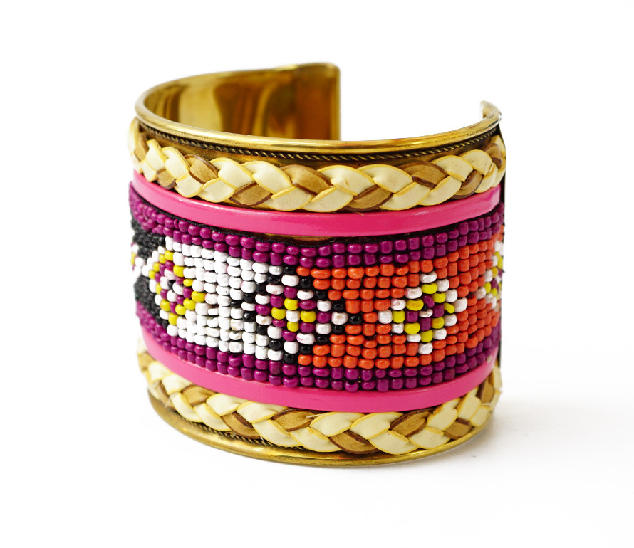 Браслет Скоба Біссер + Шкіра No7