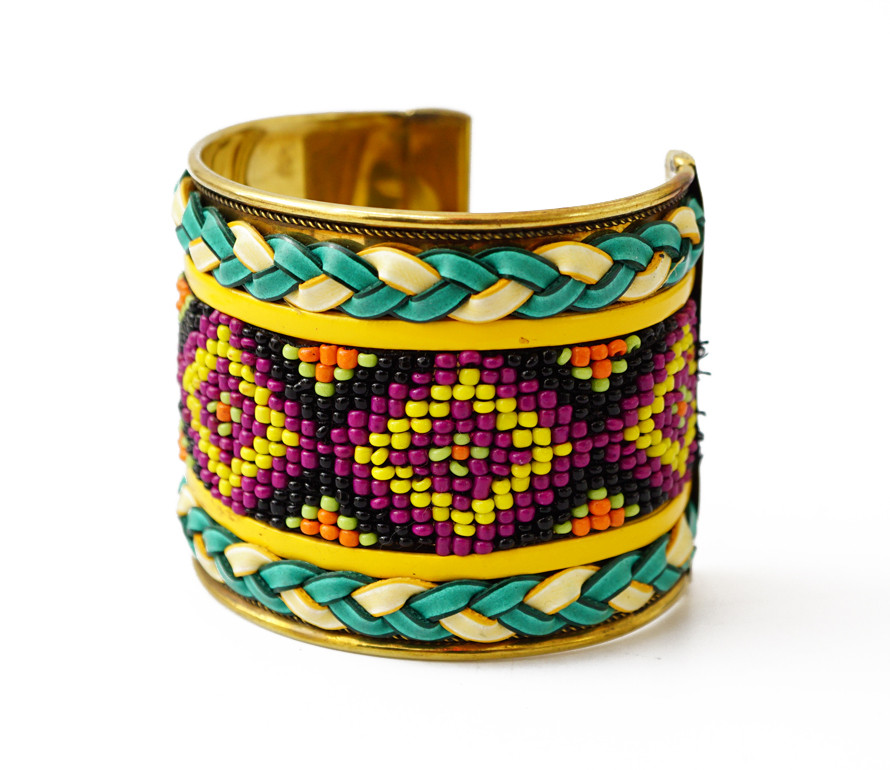 Браслет Скоба Біссер + Шкіра No17