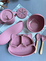 Набір дитячого посуду для прикорму Єнотик Dark pink Комплект посуду для дівчаток Темно-рожевий комплект посуду