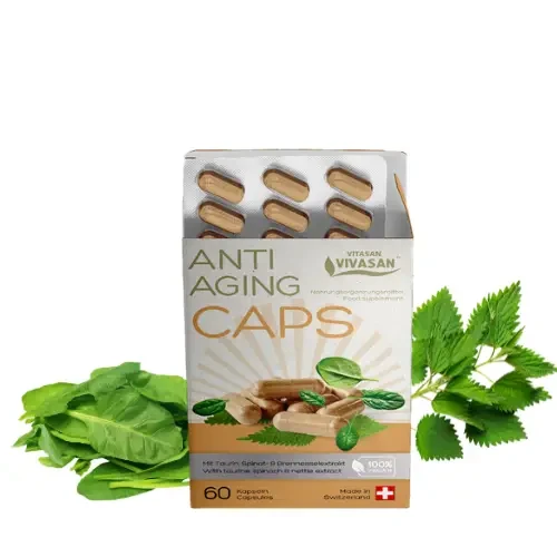 Швейцарські капсули проти старіння (антивікові) таурин+кропива+шпинат Вівасан Vivasan Швейцарія Swiss 60шт