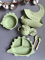Набор детской силиконовой посуды для прикорма Дино Оливка Посуда силиконовая для первого прикорма
